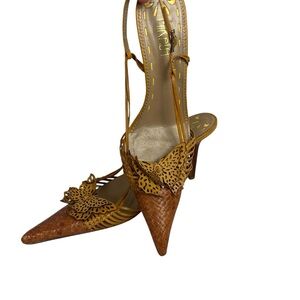 Vintage MIKALA Genuine Italian Leather Sling Back Heel Pumps Butterfly Brown 8M